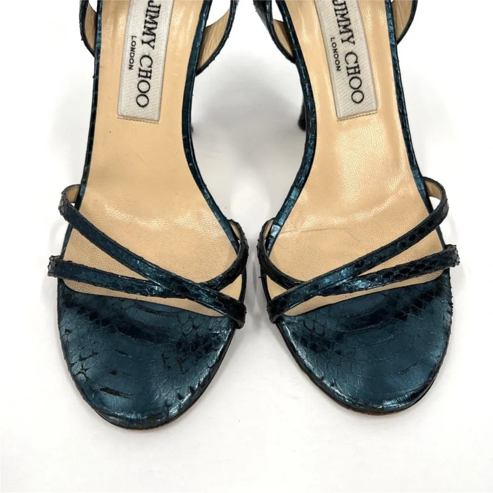 JIMMY CHOO Shoes Womens 38 Metallic Blue Snake Embossed Strappy Leather Sandal - Picture 2 of 14